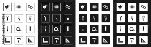 Set Hexagonal metal nut, Hacksaw, Wrench spanner, Shovel, Angle grinder, Bricks, Ruler and Screwdriver icon. Vector