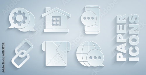 Set Envelope, Chat messages notification on phone, Chain link, World map made from speech bubble, House and Speech chat icon. Vector