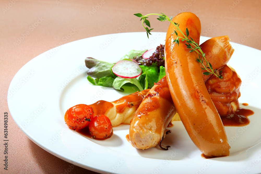 delicious grilled chicken beef giant big sausage and vegetable salad in white plate on brown background premium western cafe halal food menu for restaurant delicious grilled chicken beef giant big sausage and vegetable salad in white plate on brown background premium western cafe halal food menu for restaurant