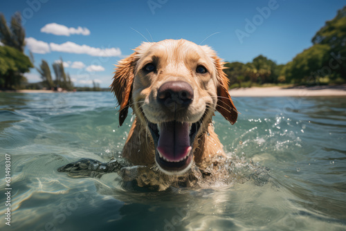a Labrador retriever, looking happy, on a surfboard enjoying life and the sun, ai generated.