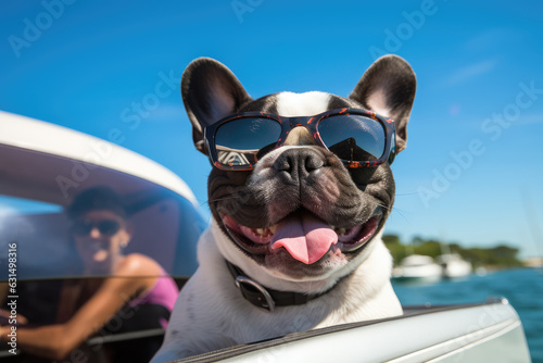 a french bulldog with a white stripe on the middle of its face, looking happy, on a speedboat enjoying life and the sun, ai generated.