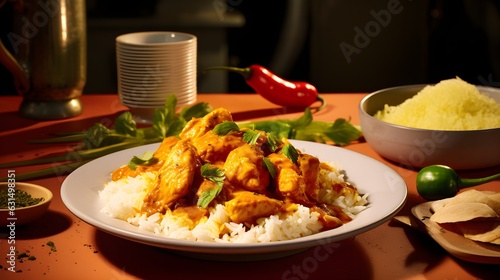 Chicken Curry with rice, yellow background