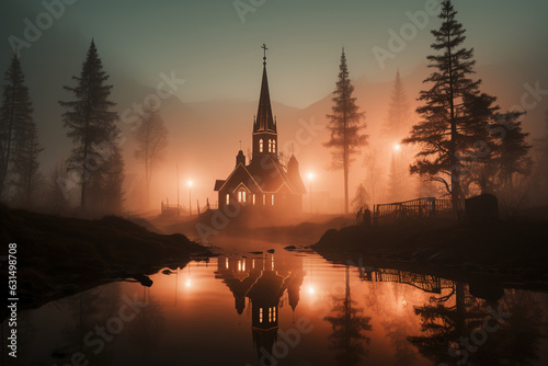 Professional landscape photography in the mystical fog landscape with a church. AI generative