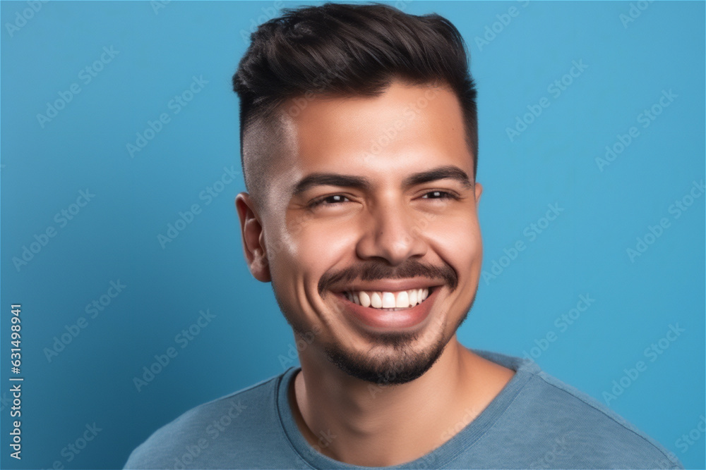 latin young adult man smiling on a blue background latin young adult man smiling on a blue background