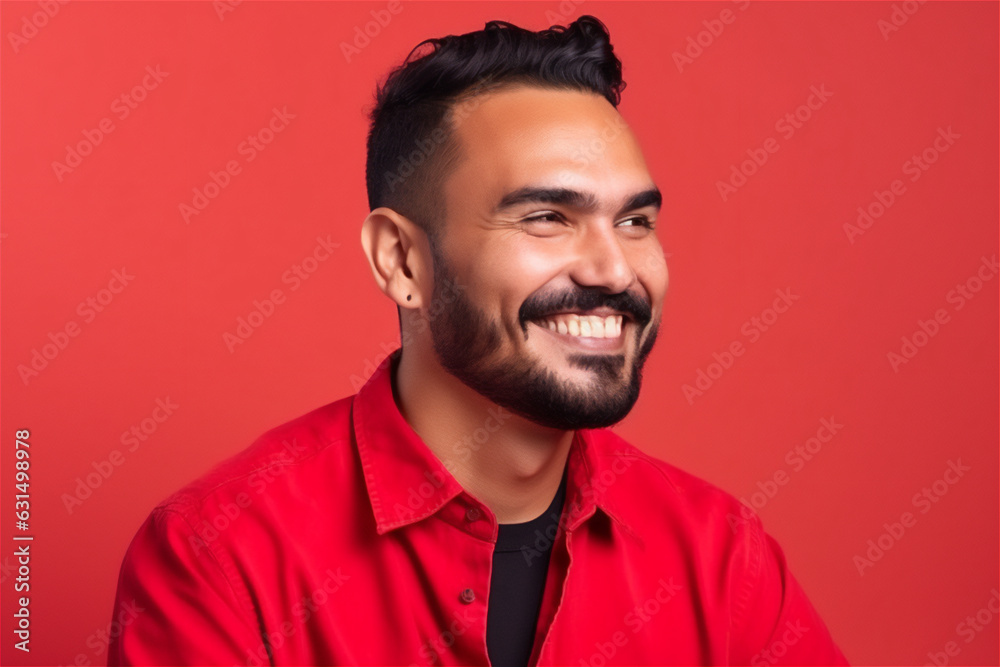 Obraz premium latin young adult man smiling on a red background