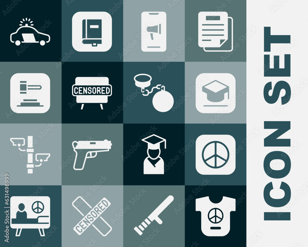 Set Peace, Graduation cap, Protest, Censored stamp, Judge gavel, Police car and flasher and Ball chain icon. Vector Set Peace, Graduation cap, Protest, Censored stamp, Judge gavel, Police car and flasher and Ball chain icon. Vector
