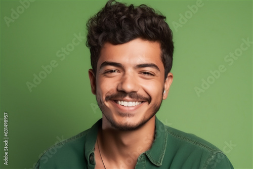  latin young adult man smiling on a green background