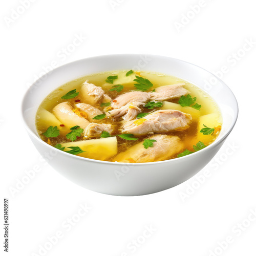 Chicken soup in a bowl, diet soup side view on transparent backround