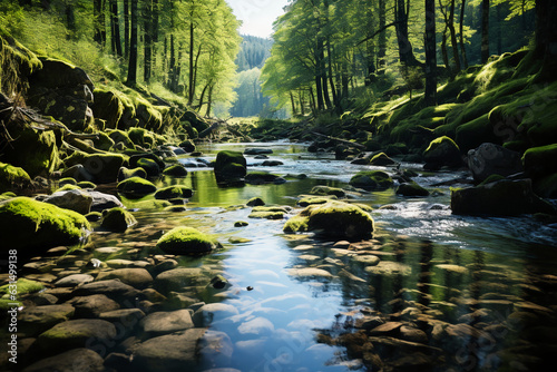 Spring forest nature landscape  beautiful spring stream  river rocks in mountain forest. AI generative