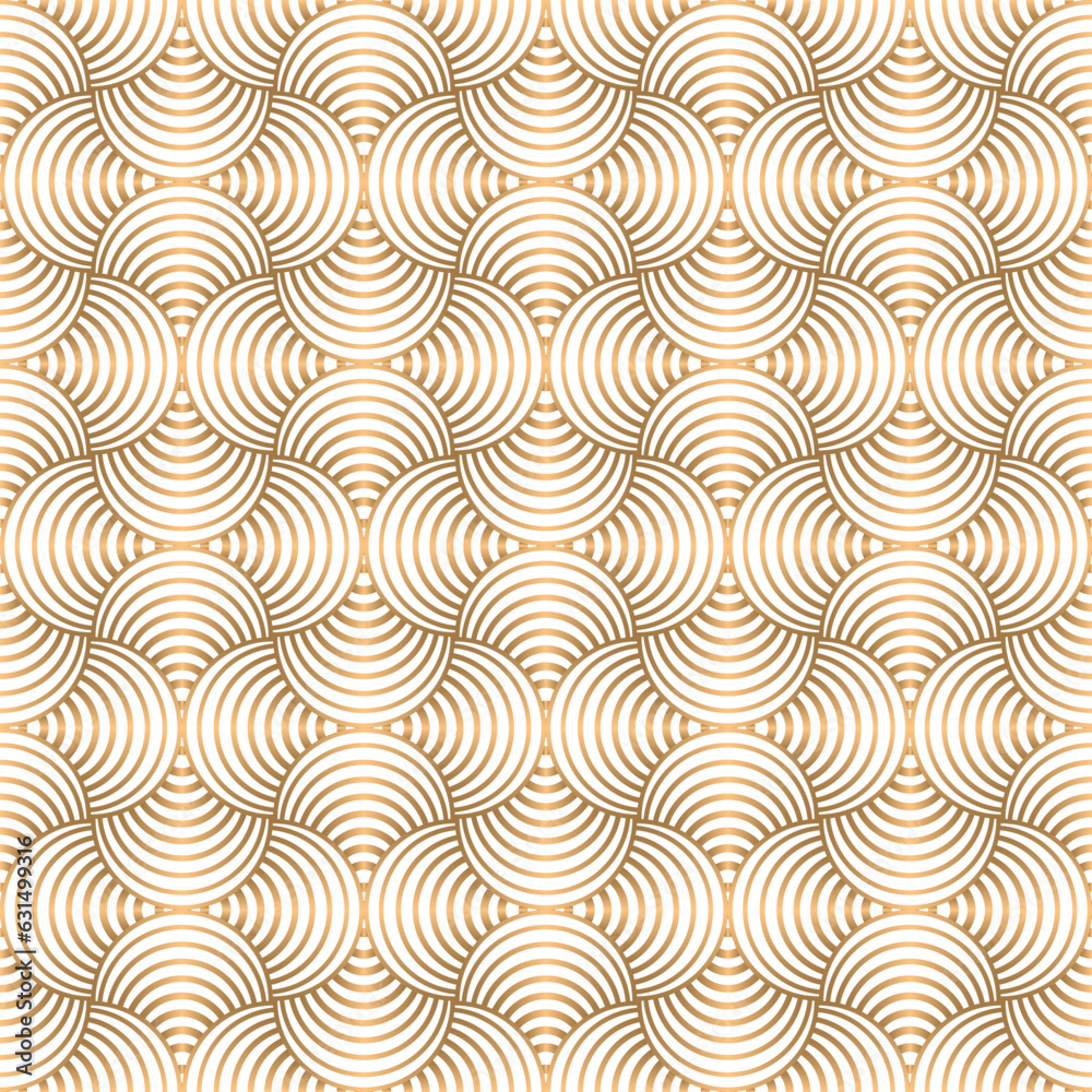 Seamless gold and white art deco circle stripe line and fan shape pattern.