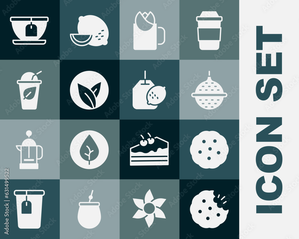 Set Cookie or biscuit, Ball tea strainer, Cup of with rose, Tea leaf, bag and lemon icon. Vector