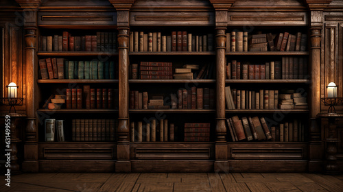 biblioteca antiga com estante de madeira 
