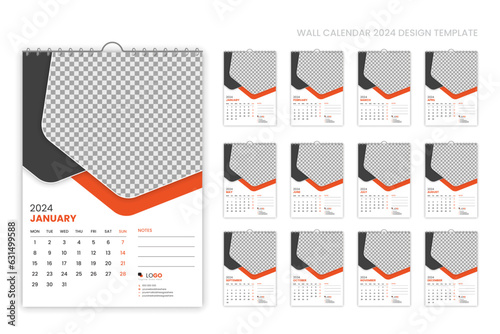 Simple and minimal wall calendar 2024 template design, 2024 planner, corporate creative calendar 2024 week starting from Monday, set of 6 calendars, printing, advertising, stationery, company office