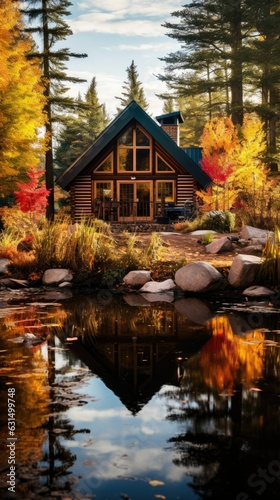 wooden cabin nestled amidst a colorful forest 