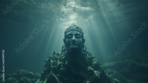 estátua misteriosa de Buda no fundo das águas do oceano 