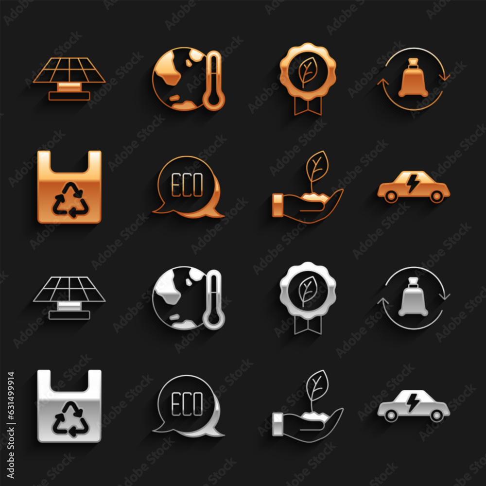 Set Leaf Eco symbol, Garbage bag with recycle, Electric car, Plant in hand, Shopping, Solar energy panel and Earth melting to global warming icon. Vector Set Leaf Eco symbol, Garbage bag with recycle, Electric car, Plant in hand, Shopping, Solar energy panel and Earth melting to global warming icon. Vector