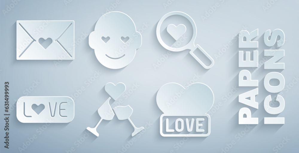 Set Glass of champagne, Search heart and love, Love text, Heart, Romantic man and Envelope with Valentine icon. Vector Set Glass of champagne, Search heart and love, Love text, Heart, Romantic man and Envelope with Valentine icon. Vector