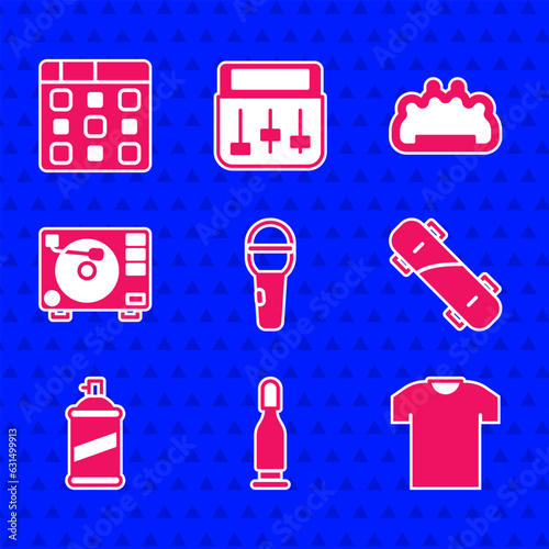 Set Microphone, Bullet, T-shirt, Skateboard, Paint spray can, Vinyl player with vinyl disk, Brass knuckles and Drum machine music icon. Vector