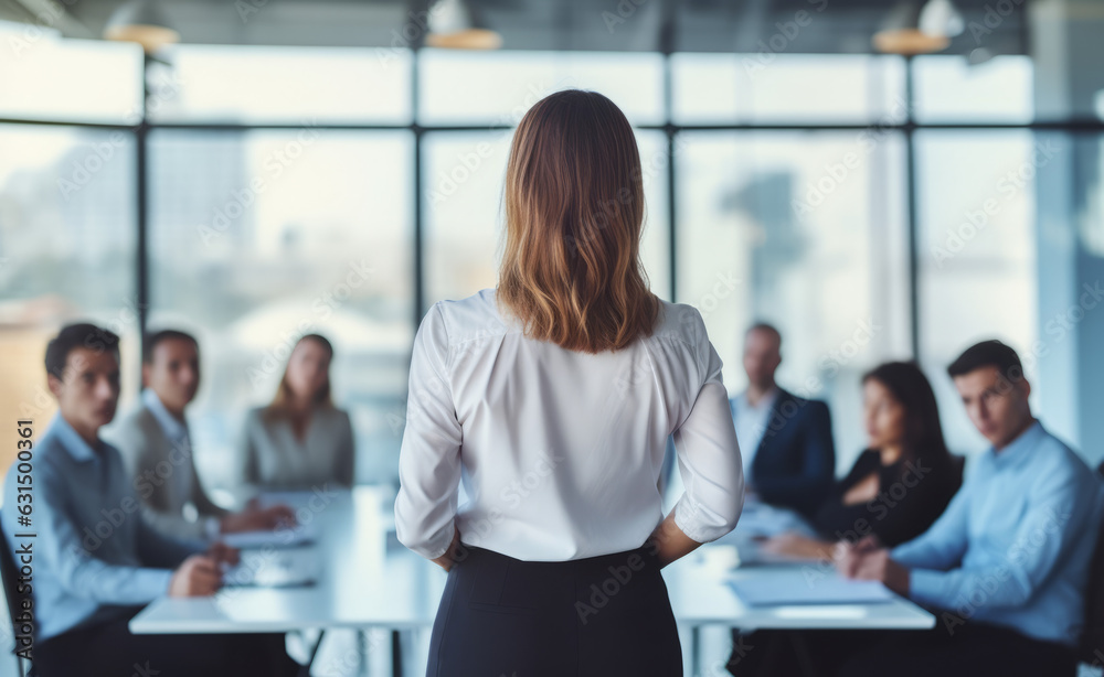 Female business leader conducting a meeting. Generative AI. Female business leader conducting a meeting. Generative AI.