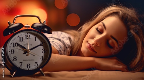 young beautiful woman sleeping in bed with alarm clock next to her