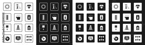 Set Power car engine, Car door, tire wheel, key with remote, air pump, Canister for motor machine oil and Engine piston icon. Vector