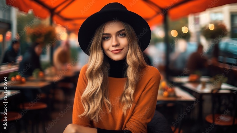 Young beautiful woman sitting in cafe on an autumn day
