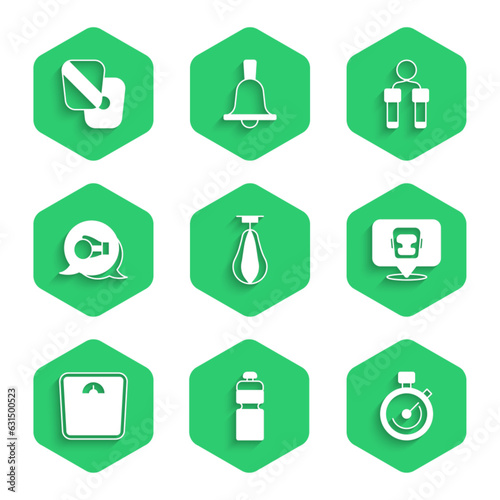 Set Punching bag, Fitness shaker, Stopwatch, Boxing helmet, Bathroom scales, glove, Jump rope and training paws icon. Vector