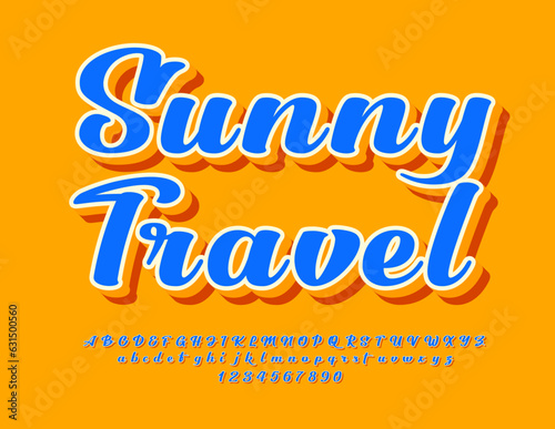 Vector touristic logo Sunny Travel. Bright creative 3D Font. Modern calligraphic Alphabet letters, Numbers and Symbols set