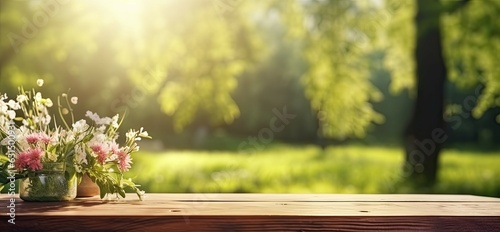 Sunny day in park. Outdoor table setting. Beautiful flowers on rustic wood plank with natural decor