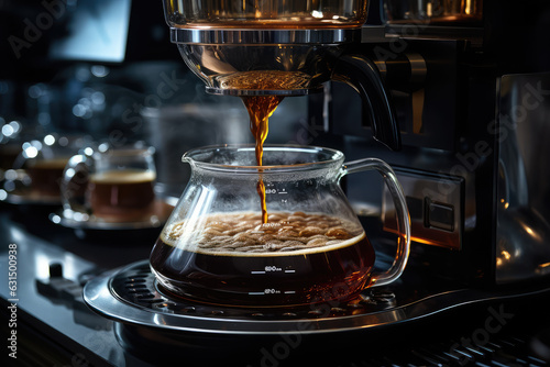 A drip coffee machine diligently drips hot water over a filter filled with coffee grounds, slowly extracting the flavors to create a comforting and aromatic brew, ai generated.