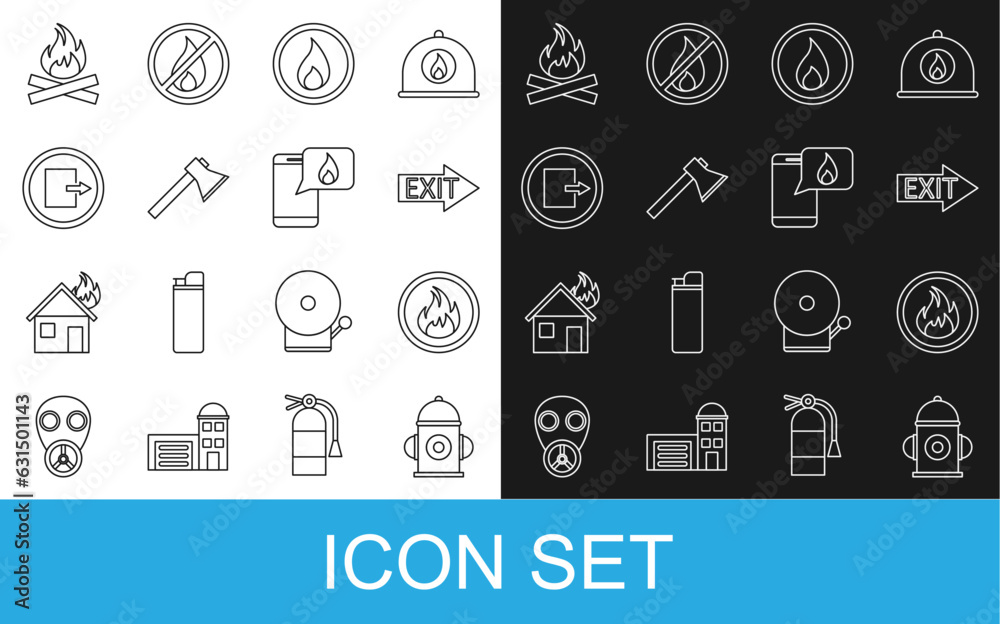 Set line Fire hydrant, flame, exit, Firefighter axe, Campfire and Phone with emergency call 911 icon. Vector Set line Fire hydrant, flame, exit, Firefighter axe, Campfire and Phone with emergency call 911 icon. Vector