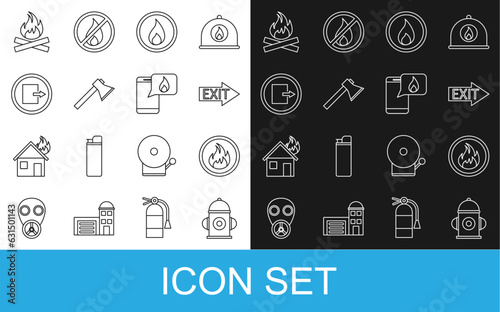 Set line Fire hydrant, flame, exit, Firefighter axe, Campfire and Phone with emergency call 911 icon. Vector
