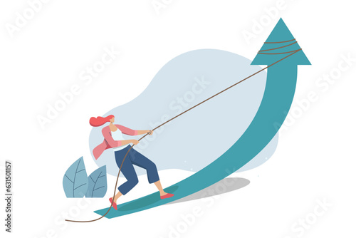 Business woman pulling up the arrow to improve business growth and succeed . The concept of a growing company. Business Challenges in a Recession. Vector design illustration.