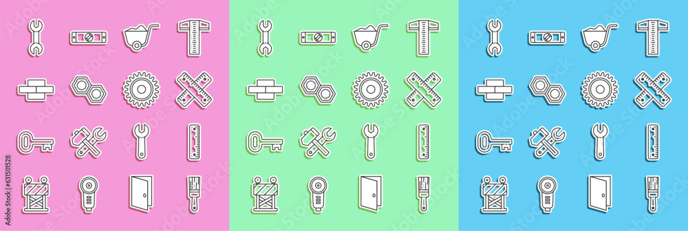 Set line Paint brush, Ruler, Crossed ruler, Shovel, Hexagonal metal nut, Bricks, Wrench spanner and Circular saw blade icon. Vector Set line Paint brush, Ruler, Crossed ruler, Shovel, Hexagonal metal nut, Bricks, Wrench spanner and Circular saw blade icon. Vector