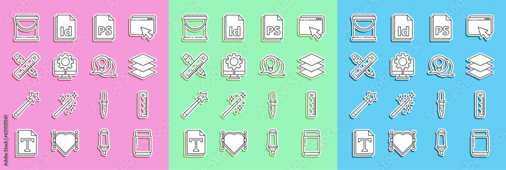 Set line Eraser or rubber, Ruler, Layers, PS File document, Computer monitor and gear, Crossed ruler pencil, Paint bucket and Light bulb with concept of idea icon. Vector Set line Eraser or rubber, Ruler, Layers, PS File document, Computer monitor and gear, Crossed ruler pencil, Paint bucket and Light bulb with concept of idea icon. Vector