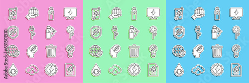Fototapeta Naklejka Na Ścianę i Meble -  Set line Paper with recycle, Light bulb leaf, Leaf plant in gear machine, Bottle of water, Electric saving plug, Shield, Recycle bin and Recycling plastic bottle icon. Vector