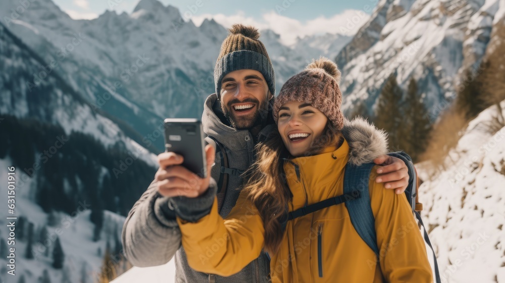 Young happy couple taking selfie in winter snow