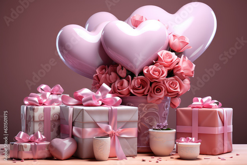 Valentine's Day background with roses, gift boxes and hearts.