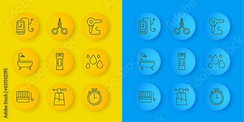 Set line Sauna bucket and ladle, Bathtub, Bottle of shampoo, Stopwatch, Water drop, Music player, Hair dryer and Scissors icon. Vector