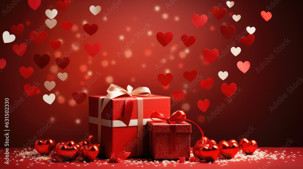 Valentine's day background with red gift box and red hearts Valentine's day background with red gift box and red hearts
