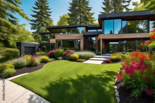 In a peaceful suburban neighborhood, a beautiful modern home stands amidst a verdant green grass yard © DESIRED_PIC
