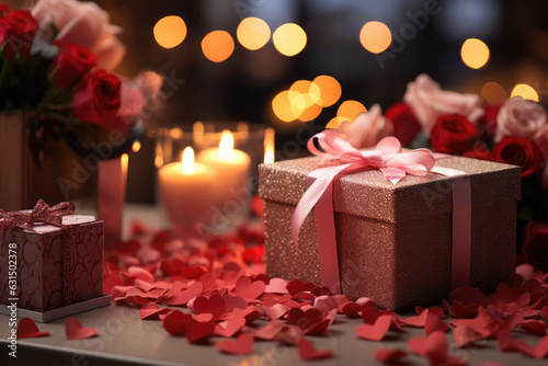 Beautiful gift box with flowers and candles on table against defocused lights. © hakule