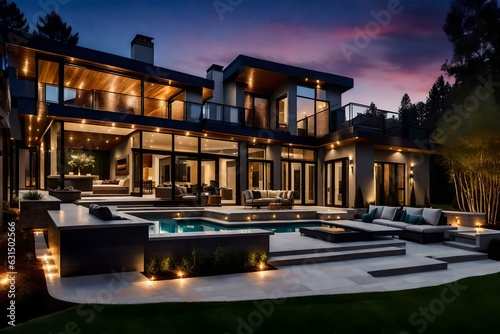 In the enchanting twilight, the exterior of a new luxury home stands as a testament to refined elegance © DESIRED_PIC