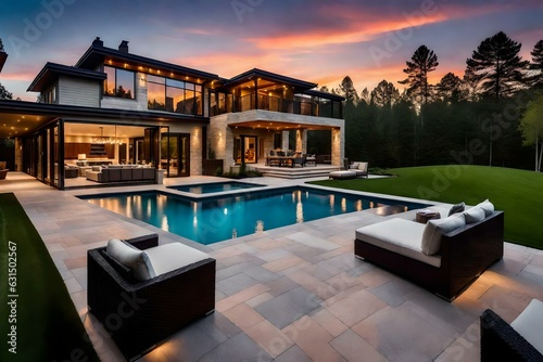 In the enchanting twilight  the exterior of a new luxury home stands as a testament to refined elegance