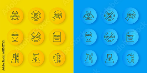Set line DNA research, search, GMO, No, Genetically modified apple, Biohazard symbol, and Stop icon. Vector