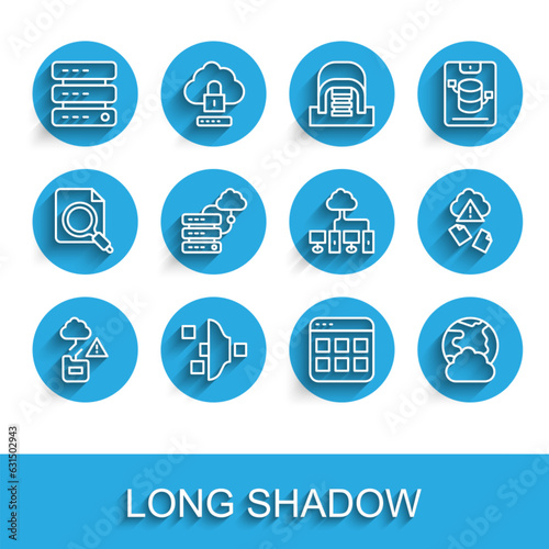 Set line Cloud technology data transfer, Filter setting, Server, Data, Web Hosting, Browser files, Social network, Network cloud connection, hacking and Computer icon. Vector