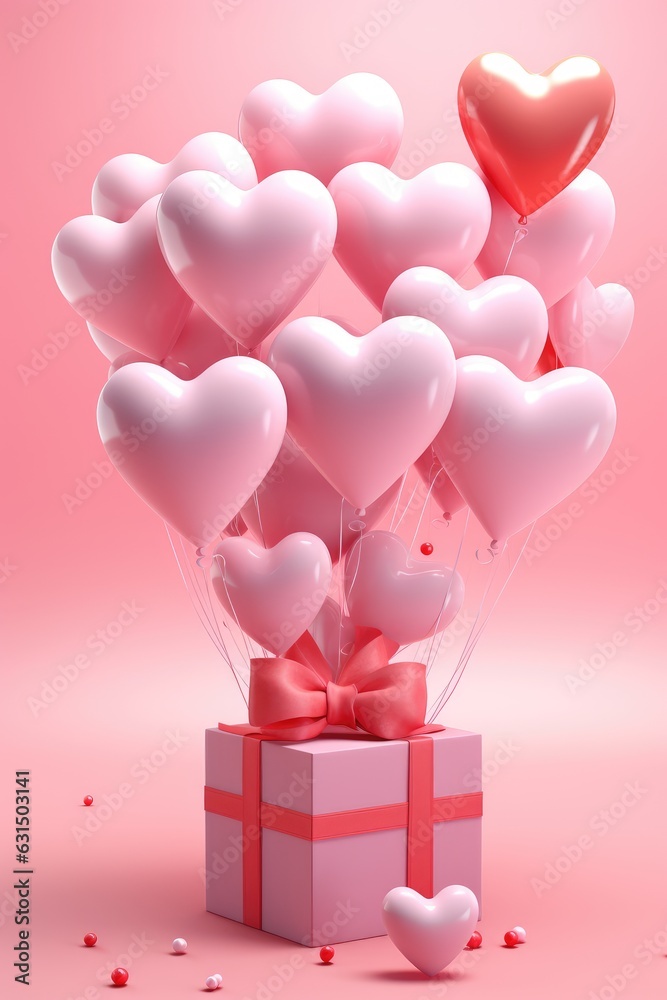 Valentine's day background with heart shaped balloons with gift box.