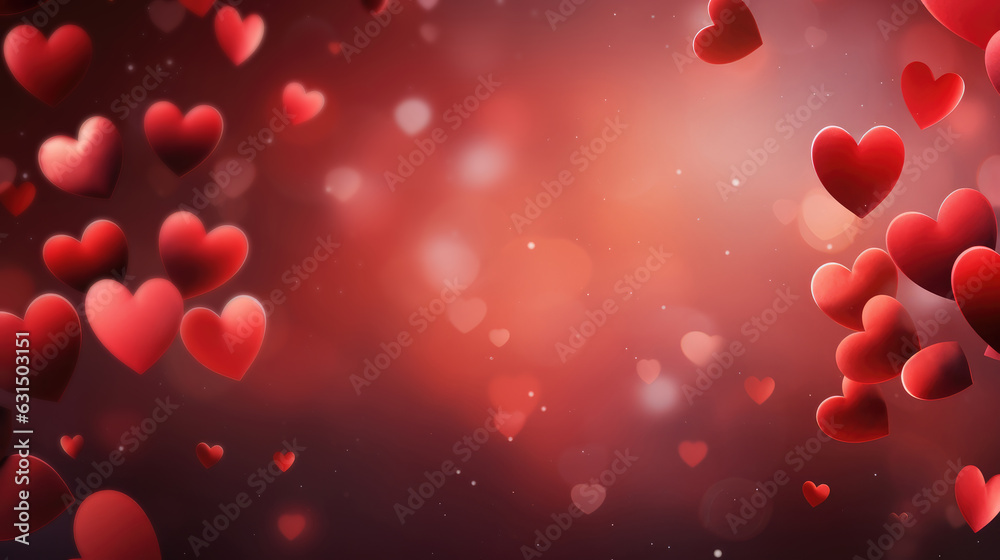 Valentines day background with red hearts and bokeh lights