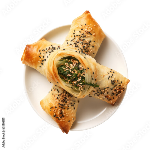 Turkish spinach and cheese borek rolls with sesame seeds, traditional pastry. Isolated on white backround, top view. photo