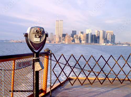 New York City skyline with the old World Trade Center, NY, USA, seen from the Staten Island Ferry
